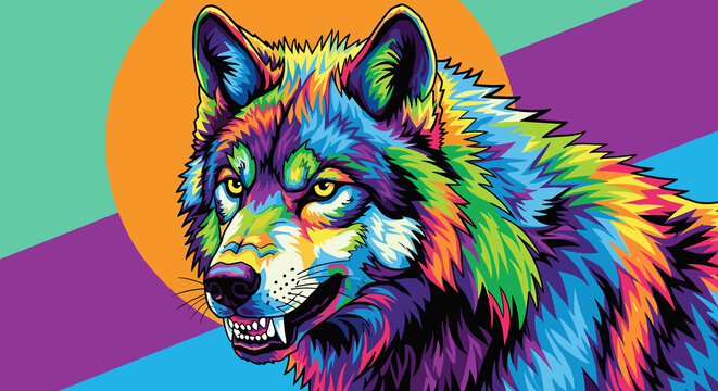 Colorful dire wolf illustration with vibrant patterns and dynamic colors  