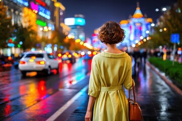 Fototapeta premium Woman in yellow coat admiring vibrant city lights and reflections on a wet street, capturing the urban atmosphere and beauty of a modern cityscape at night.
