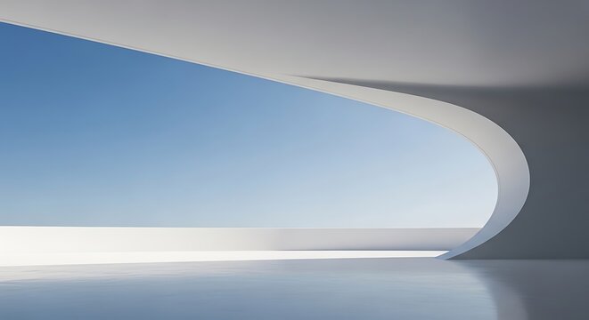 Modern architectural design featuring a large curved window with a view of the sky and a sleek interior space with a smooth floor and ceiling