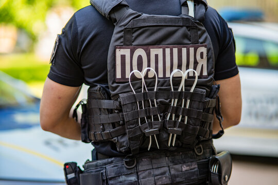 close-up view of a Ukrainian Patrol Police officer belonging to the TOR Tactical Response Unit