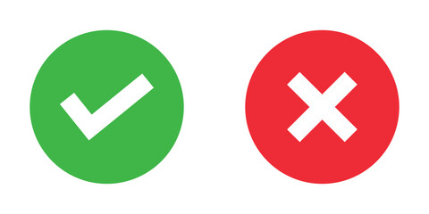 Green circle with a white right checkmark next to a red circle with a white wrong tick mark vector design, symbolizing correct and incorrect choices. © Fiza