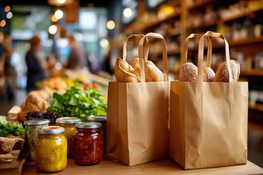 Freshly baked bread in paper bags and jarred goods displayed at a farmers market offering organic products and a local shopping experience to customers.