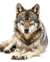 Fototapeta premium Single wolf resting with head lifted slightly, soft light isolated on white background 