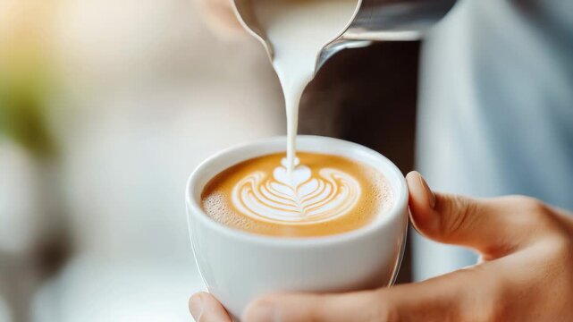 Perfectly crafted latte art: pouring milk into espresso for a beautiful heart pattern