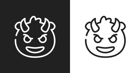 Smiling with horns emoji icon. Linear black, white icon from emoji collection. Outline smiling with horns emoji vector. Thin line symbol isolated on white and black background © VectorStockDesign
