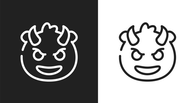 Smiling with horns emoji icon. Linear black, white icon from emoji collection. Outline smiling with horns emoji vector. Thin line symbol isolated on white and black background