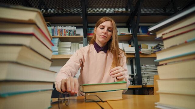 Library worker organizes books during a quiet afternoon in the study area while surrounded by shelves of various titles