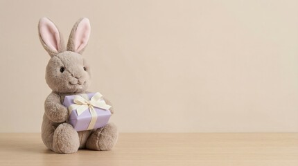Fototapeta premium Adorable easter bunny holding a purple gift box on beige background