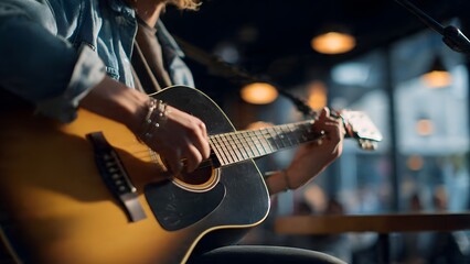 Naklejka premium A talented musician playing an acoustic guitar during a live performance in a cozy dimly lit cafe, creating a warm and soulful musical atmosphere.