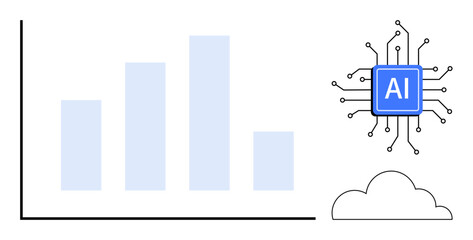 Naklejka premium Data processing, AI systems, cloud technology, tech growth trends, business analytics, innovation. Bar chart, AI chip and cloud symbol. Data processing and cloud technology visualization