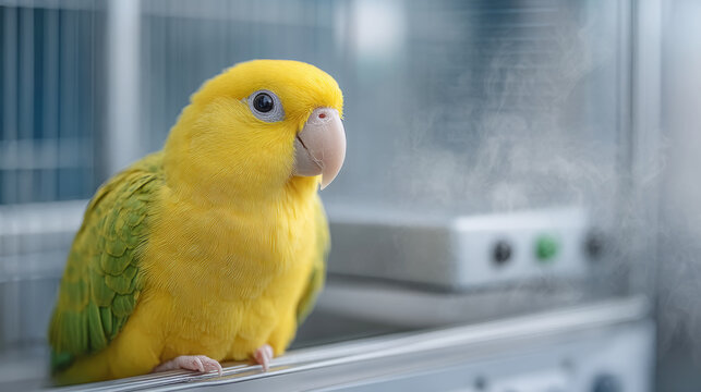 Yellow parrotlet perched inside cage with blurred background