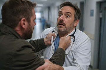 Aggressive patient grabs shocked doctor by collar in hospital hallway, dramatic realistic scene highlighting violence against healthcare workers, tension, fear and urgent medical environment. 