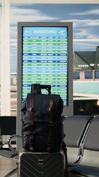 Vertical Video Empty airport waiting area, luggage and backpacks left, departures board, showing flight numbers and airline schedules. No people inside typically busy terminal and quiet moment indoors