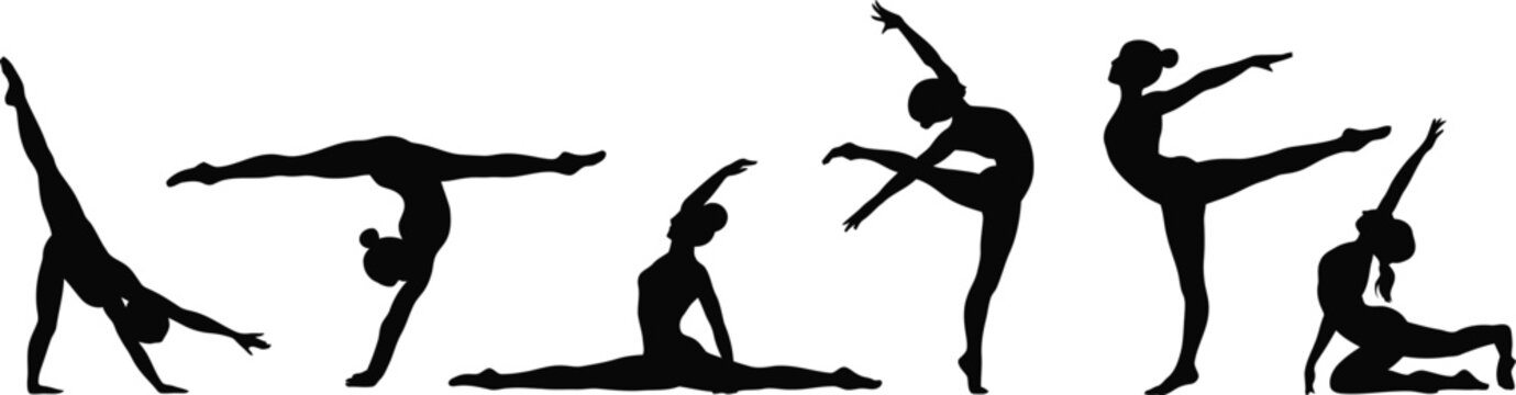 Gymnastics silhouette set, female dancer poses collection, flexibility and balance concept, sport movement figures isolated on white background