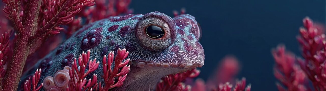 Vibrant blue-purple frog with intricate skin and golden eye, nestled in red coral. Use for marine life, fantasy, scientific illustration, or unique texture backgrounds.