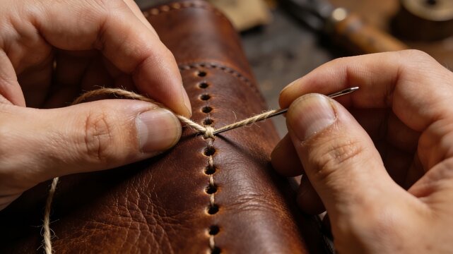 Close-up of hands stitching durable leather with a waxed needle and thread, representing traditional leathercraft, saddlery, and handmade goods