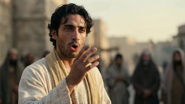 Apostle preaching the gospel in an ancient city. Middle Eastern man speaking with passion about faith. Biblical narrative and religious testimony concept