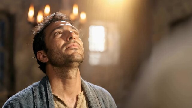 Apostle experiencing the Holy Spirit descending. Biblical man looking up at divine light in a stone room. Pentecost and faith concept. Cinematic religious footage