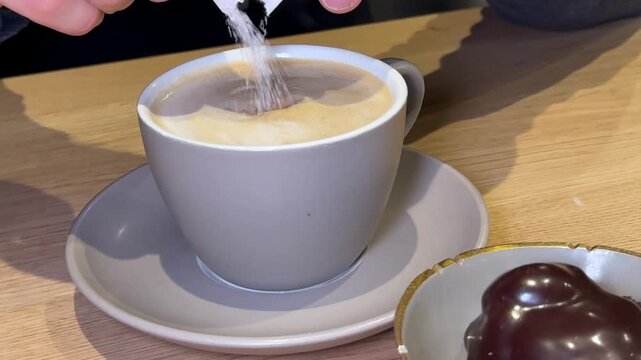 Round chocolate eclair on gray plate with gold detail while male hands pour sugar from green packet into cappuccino. Cozy cafe table, dessert and coffee moment.