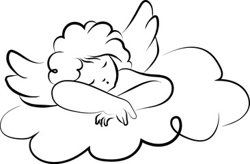 Fototapeta premium Angel Sleeping On Cloud Line Art