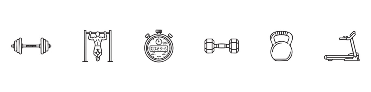 Set of Minimalist Fitness and Gym Equipment Icons featuring Barbell, Pull-up, Stopwatch, Dumbbell, Kettlebell, and Treadmill in Vector Line Art Style.