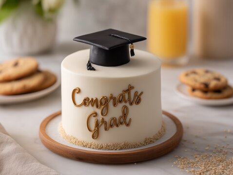 Celebration Cake for Graduation With Cap and Cookies on a Table With Juice