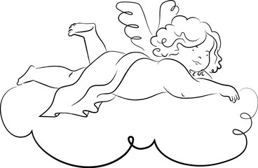 Fototapeta premium Cherub Sleeping On Cloud Line Art