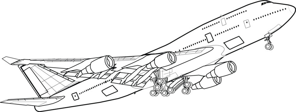 747-400 Jumbo Jet Airliner Wide Body Passenger Aircraft Vector Illustration Outline
