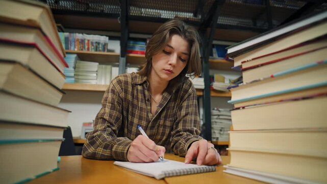Student studies in library while writing notes in notebook with books stacked nearby on a wooden table during afternoon hours