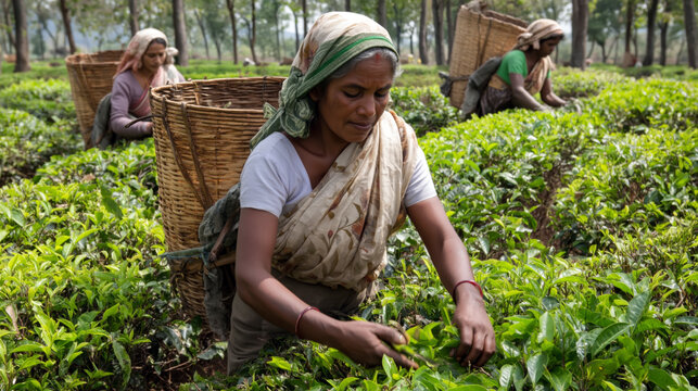 Women Tea Pickers Harvesting Leaves on Indian Tea Plantation