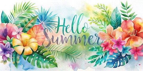 Obraz premium tropical flowers and palm leaves hello summer banner watercolor bright exotic background