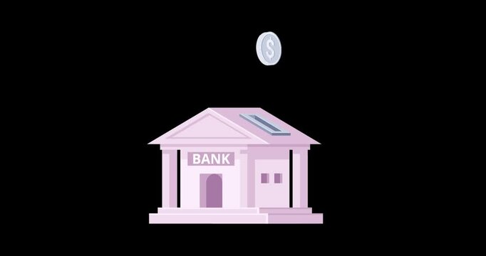 Coin Falling into Bank on Alpha Channel Animation. Business, Financial, Banking, Money, Investments, Economy & Savings Concepts. on Transparent Black Background - 4K