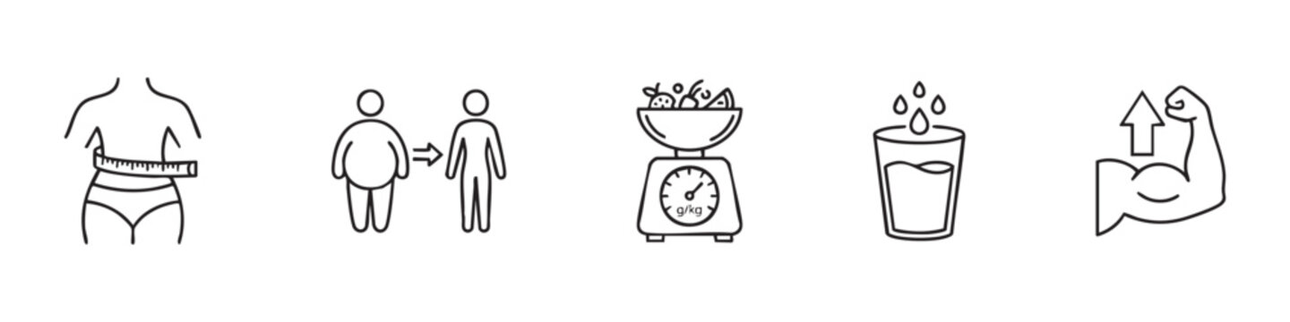 Health, fitness and weight loss line icon set featuring waist measurement, body transformation, diet scale, hydration glass and muscle gain symbol