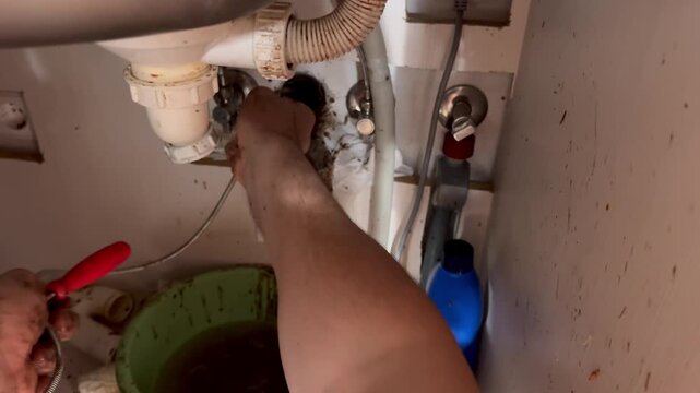Hand of plumber clearing deep blockage in wall pipe with steel drain snake, professional sewer cleaning, POV