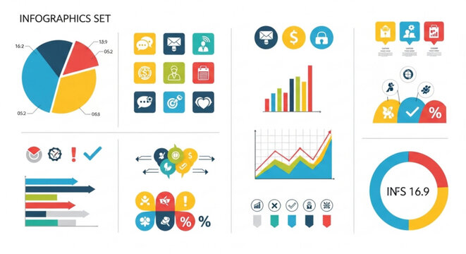 A colorful infographic set featuring various charts and icons for data visualization and business presentation