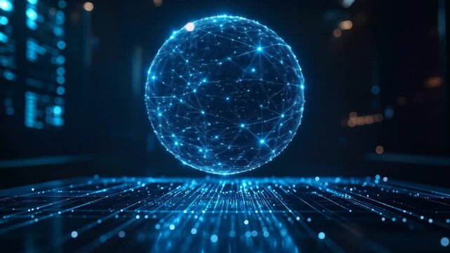 Glowing blue digital orb with network connections.