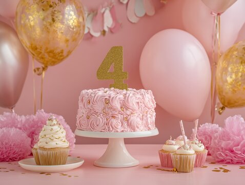 Birthday Party Setup With Cake and Decorations for a Childs Fourth Birthday Celebration