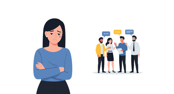 A cartoon woman stands crying alone while a group of five diverse people chat animatedly with speech bubbles on a white background.