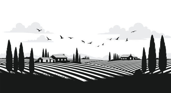 A black and white silhouette illustration showcases a rural landscape with striped fields, farmhouses, and cypress trees under a cloudy sky.