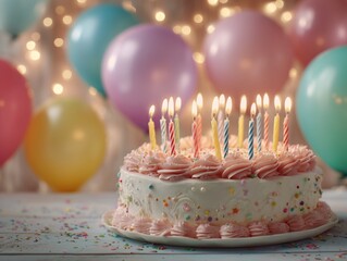 Fototapeta premium Celebration With Cake, Candles, and Balloons at a Party in a Decorated Room