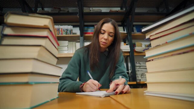 Student writes notes at library desk surrounded by books during afternoon study session