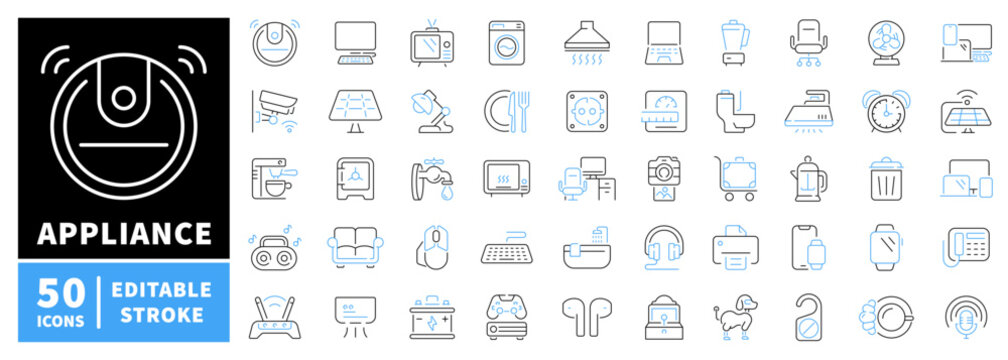 Appliance icons set. editable line icons, outline, home electronics, smart devices