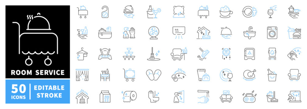 Room service icons set. editable line icons, flat design, hospitality and hotel services