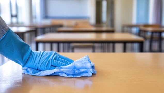 hand in a blue glove is cleaning a desk with a rag in a school classroom