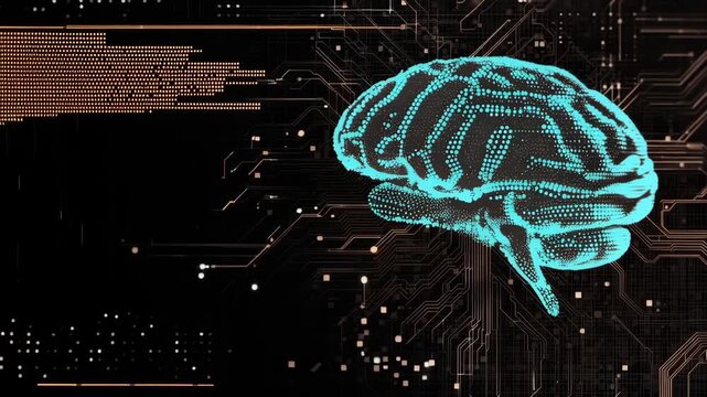 Abstract digital brain spinning on a circuit board background. Concept of artificial intelligence and technology