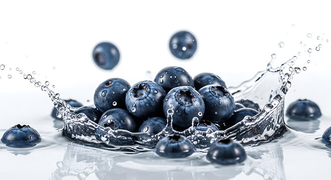 Blueberries splashing in water with droplets flying fruit