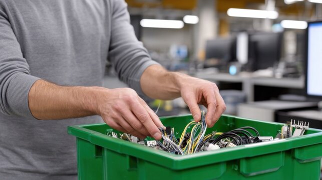 Person sorting through a green plastic bin filled with various electronic wires and components in a modern workspace with computers in the background