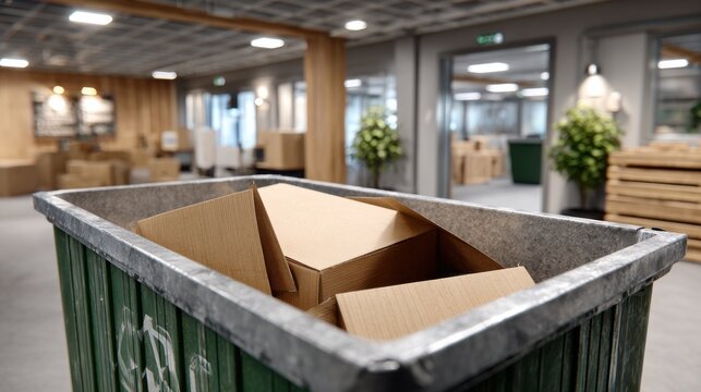 Green recycling bin filled with cardboard boxes inside a modern office space featuring wooden accents, plants, and large windows in the background