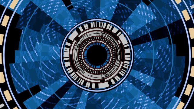 Futiristic full screen blue yellow circular hud interface rotating and evolving with data flow and business or innovation motion graphic. 