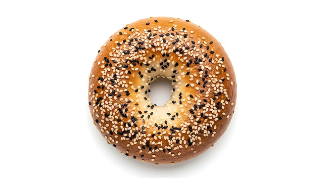Everything bagel with sesame seeds and poppy seeds on white background